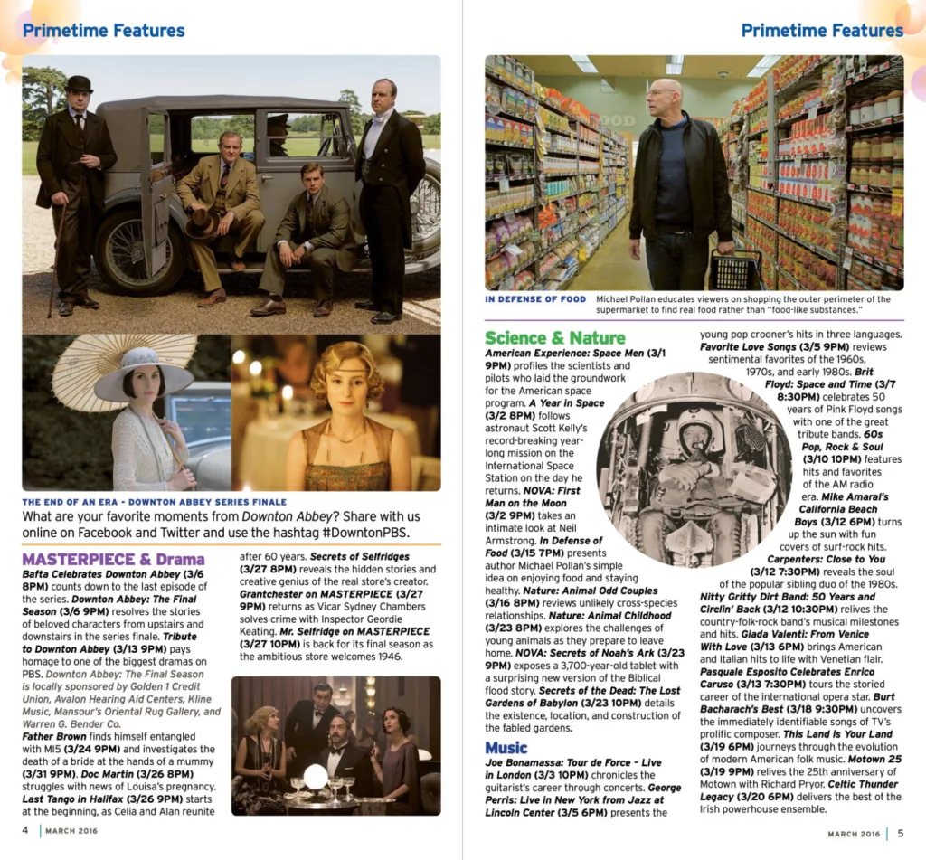 Magazine page featuring TV show features and summaries.